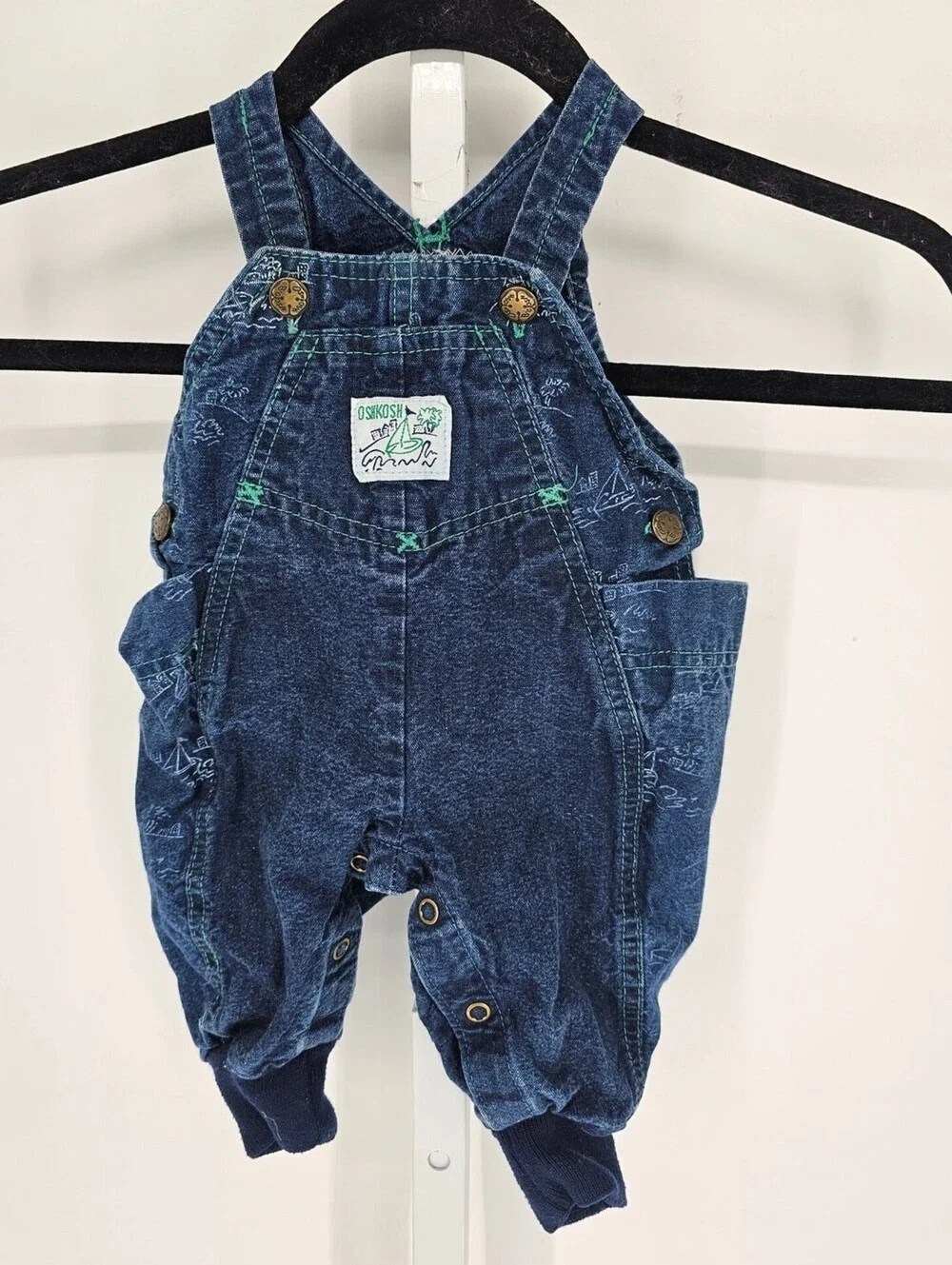 Vtg 1980s 3/6 M Oshkosh B'Gosh Vestbak Blue Denim Sailing Boat Themed Overalls